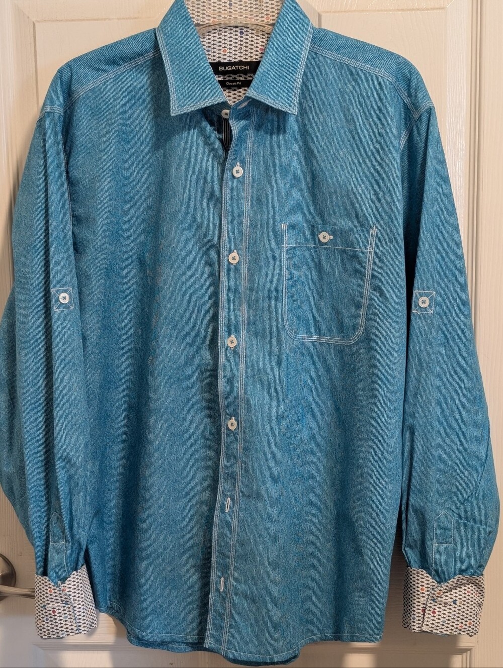 Bugatchi Teal-Blue Denim-Style Button Shirt